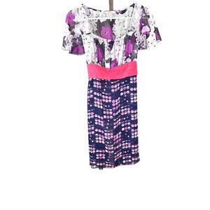 Lux Urban Outfitters empire waist multi patterned dress casual tie back SZ SM